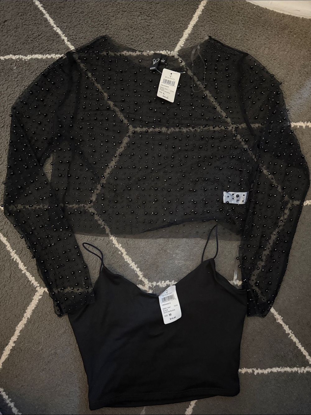 Windsor Black Beaded Sheer Long-Sleeve Crop with Black Cami